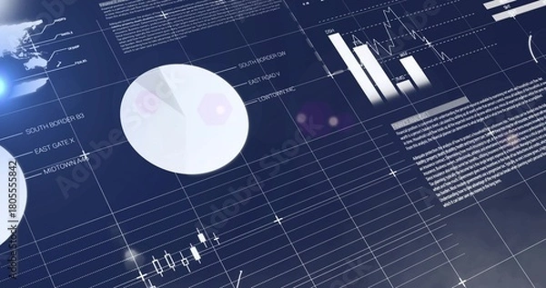 Obraz Displaying large pale pie chart left of center on dark-blue dashboard, showing bar and candlesticks