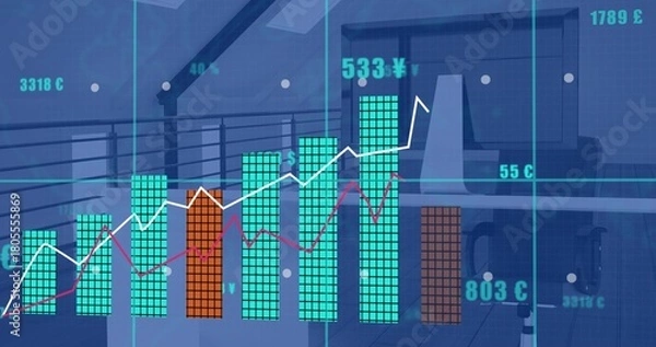 Fototapeta Showing financial charts overlaying office, showing stacked bars, white and red lines, desk monitor