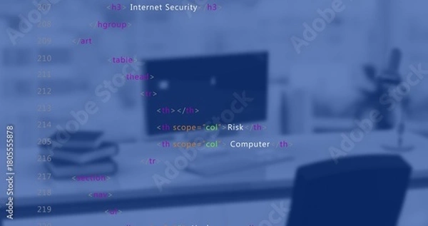 Obraz Displaying flat-screen monitor in office showing keyboard and mouse, laptops, chair, HTML overlay