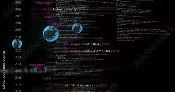 Obraz Displaying HTML code overlay with Cyber Security label on screen, with blue network spheres