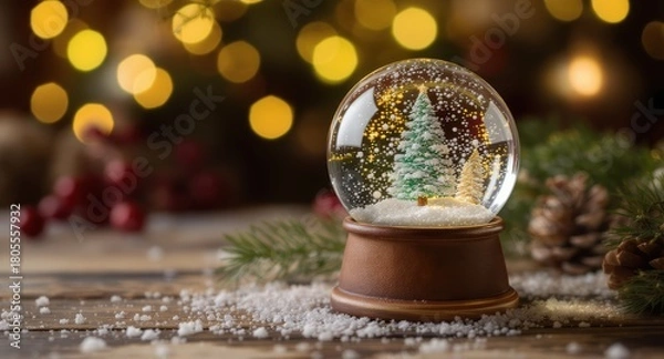 Fototapeta Festive snow globe with Christmas tree inside on wooden table, surrounded by pinecones and holiday decorations, glowing bokeh lights in background