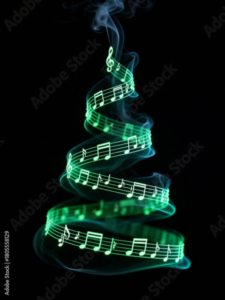 Obraz Glowing green music notes forming a spiral Christmas tree shape on a black background, symbolizing holiday music.