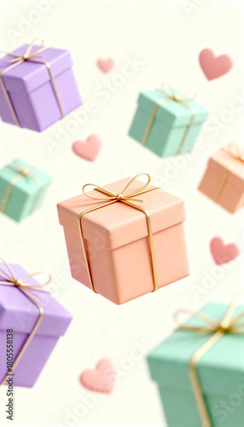 Obraz Floating pastel gift boxes with golden ribbons and pink hearts on a light background, festive and romantic theme