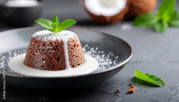 Fototapeta Chocolate Lava Cake with Powdered Sugar and Mint Garnishing Served on Gray Plate with Coconut in a Bright Kitchen