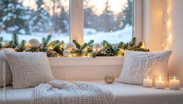 Fototapeta Cozy Winter Window Seat with White Cushions and Festive Garland Lit by Candles and String Lights at Twilight