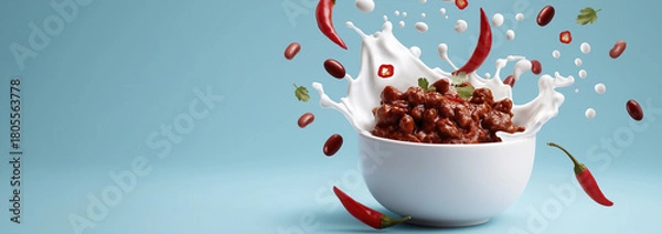 Fototapeta Spicy Chili Con Carne Bowl with Creamy Splash and Flying Ingredients