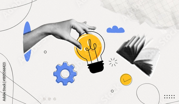 Fototapeta Trendy Halftone Collage Hand holds lightbulb. Creative mind or brainstorm. Study and education. Floating book. Bright mind. Knowledge concept. Contemporary vector illustration art