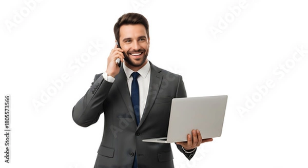 Fototapeta A smiling businessman holding a laptop and talking on the phone, looking successful and professional, isolated on transparent background