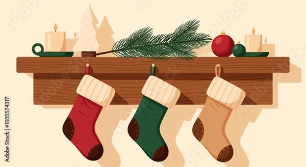 Obraz Festive Christmas Stockings Hanging on a Wooden Mantelpiece.
