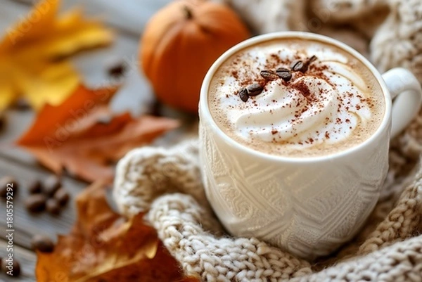Fototapeta Warm pumpkin spice latte with whipped cream, cocoa, and coffee beans, resting on a cozy knitted blanket with fall leaves