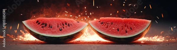 Fototapeta Fiery watermelon slices glowing with sparks and embers on dark background, creating dynamic and intense visual effect