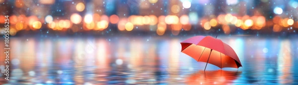 Obraz Red umbrella floating on calm water with colorful city lights reflecting and soft bokeh creating peaceful and dreamy atmosphere