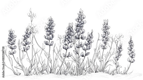 Obraz Detailed botanical illustration of lupine flowers and foliage, isolated on white background, showcasing delicate linework and intricate floral details