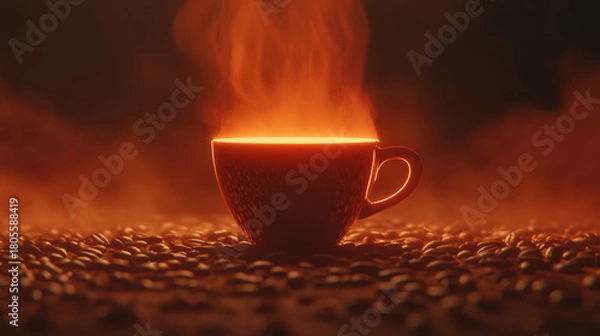 Obraz Glowing coffee cup emits steam surrounded by coffee beans on dark surface, creating warm and inviting atmosphere
