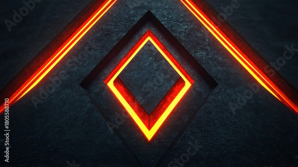Obraz Glowing red neon diamond shape with dark textured background creates dynamic futuristic and glowing abstract design with sharp lines and vibrant