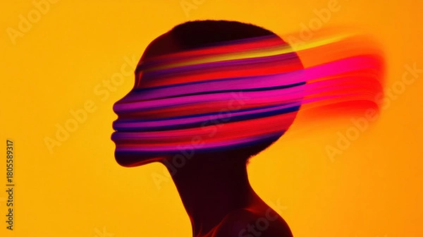 Obraz Silhouette of person with short hair and vibrant colorful light streaks crossing face against bright yellow background, creating dynamic effect