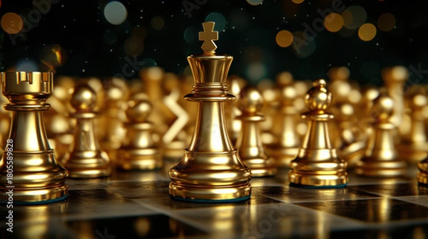 Obraz Golden chess king piece glowing on chessboard with other gold chess pieces blurred in background, symbolizing strategy and power
