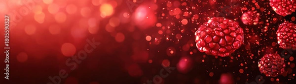 Fototapeta Glowing red pomegranate seeds float in vibrant red background with sparkling light effects creating dynamic and energetic atmosphere