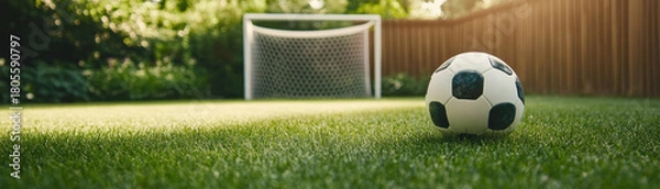 Obraz Classic black and white soccer ball rests on lush green grass near goalpost in backyard, evoking calm and inviting atmosphere