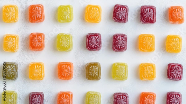 Fototapeta Colorful square fruit jelly candy arranged in neat rows on white background, creating vibrant and cheerful pattern