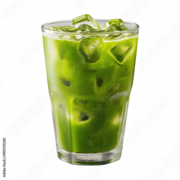 Fototapeta Iced Matcha Green Tea Latte with Ice Cubes in Clear Glass, isolated on transparent background