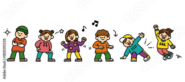 Obraz 子供たちがダンスを楽しむカラフルな手描きのイラストセット