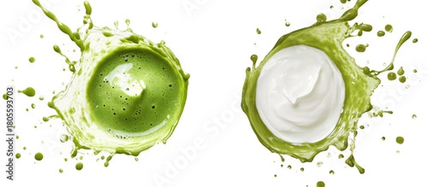 Obraz Yogurt splash and green smoothie splash side by side overhead on transparent background