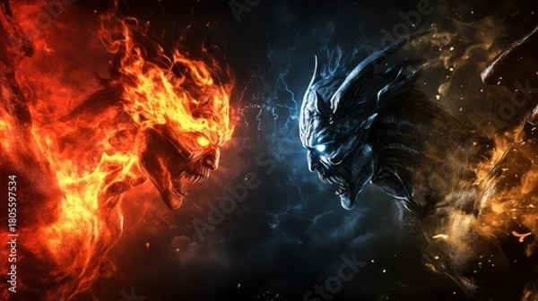 Fototapeta a dramatic representation of duality showcasing a fire-infused entity facing a creature of ice and shadow, highlighting opposing forces