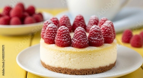 Obraz Mini cheesecake topped with fresh raspberries and powdered sugar.