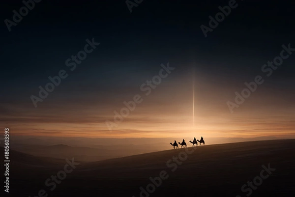 Obraz nativity scene, wise men on camels under a radiant star in a cinematic desert sunset, with warm tones and peaceful nativity theme, ultra-detailed k quality