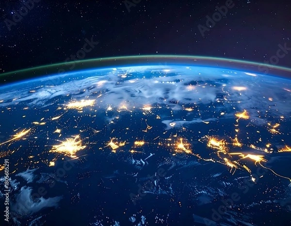 Obraz A breathtaking 8K HDR aerial view of Earth at night, showcasing the vibrant glow of global trade routes and illuminated cities from space