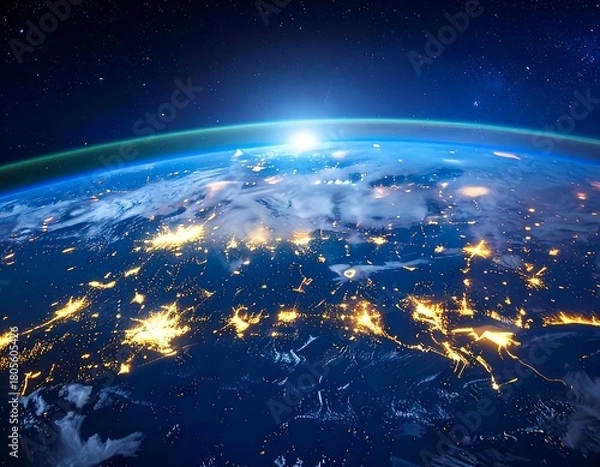 Obraz Ultra-realistic 8K HDR aerial view of Earth at night showcasing global connectivity