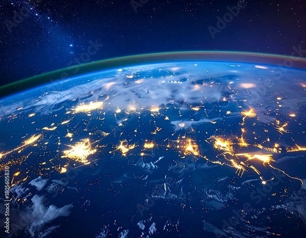 Obraz Aerial view of Earth at night, showcasing vibrant city lights and the thin blue line of the atmosphere against the vastness of space