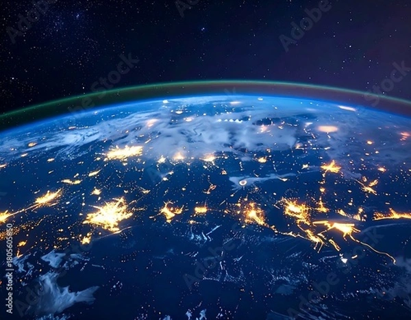 Obraz Mesmerizing ultra-realistic view of Earth at night from space, showcasing glowing city lights that form a tapestry of global civilization and human energy