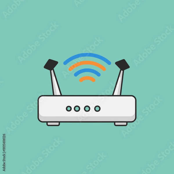 Obraz White wireless router with signal waves on teal background.