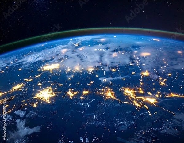 Obraz Spectacular aerial view of Earth at night showcasing the glowing network of global cities and illuminated trade routes from space