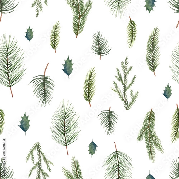 Fototapeta Watercolor vector Christmas seamless pattern with fir branches.