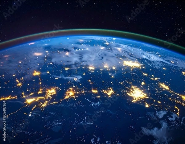 Obraz Breathtaking ultra-realistic 8K HDR perspective of Earth at night from space, revealing a mesmerizing tapestry of illuminated cities and the delicate atmospheric glow