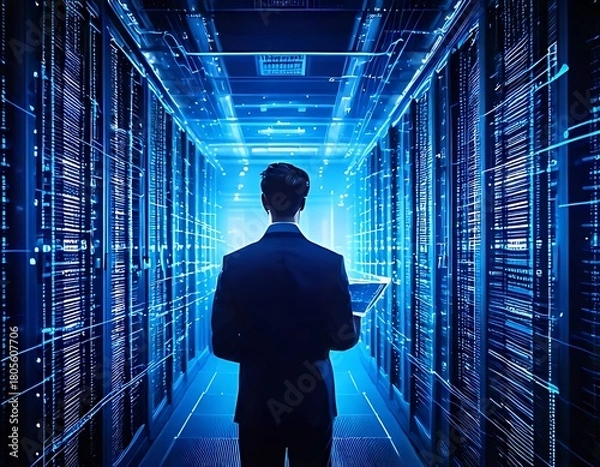 Obraz AI Engineer Analyzing Data in a Futuristic Server Room Technology and Data Management