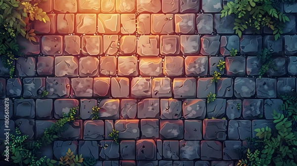Fototapeta Cobblestone Path with Plants at Night, Pixel Art Background