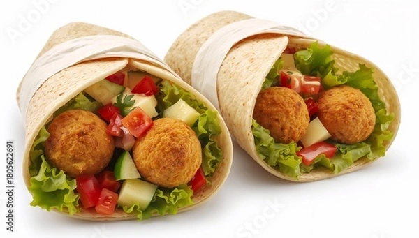 Fototapeta Two fresh falafel wraps with lettuce, tomato, cucumber, isolated