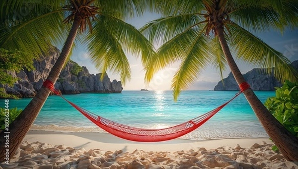 Fototapeta Tropical beach paradise with red hammock, palm trees, sea view
