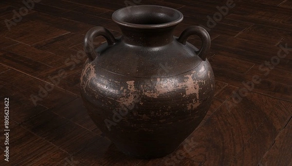 Fototapeta Rustic old clay pot with handles on dark wooden floor surface