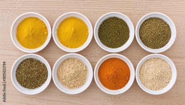 Fototapeta Variety of vibrant aromatic ground spices and herbs in white bowls.