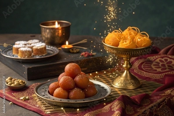 Obraz Gulab Jamun and Indian Sweets with Festive Lighting