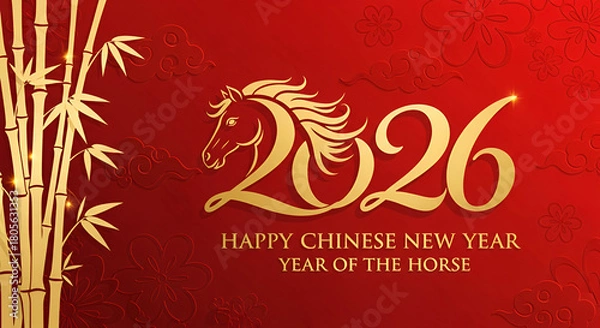 Fototapeta Chinese New Year 2026 banner with golden horse, bamboo, clouds, and plum blossom on red background. Vector festive oriental design for greeting cards, website headers, ads, posters, and prints.