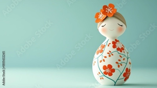 Fototapeta Doll with flower ornaments and floral patterns on a white background. The background is light blue. AI.