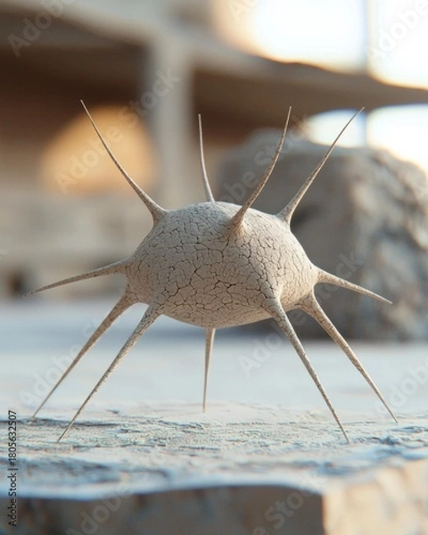 Fototapeta Spiked sphere with cracked surface sits on textured surface. Out-of-focus shapes in background. AI.