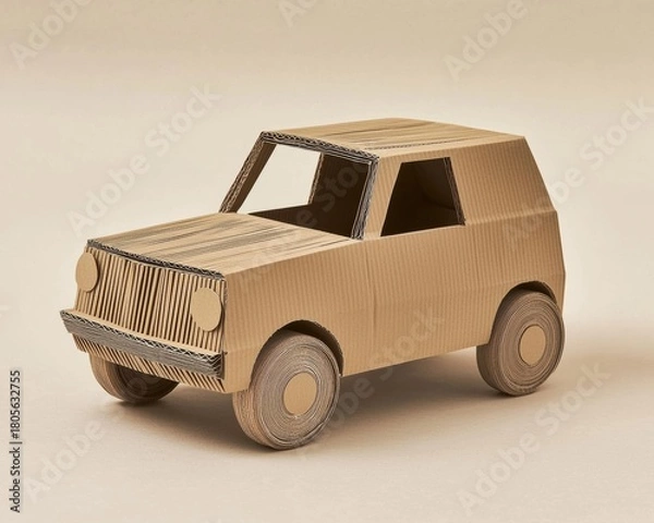 Fototapeta A cardboard car is displayed against a neutral background. The toy car is made from corrugated cardboard. AI.