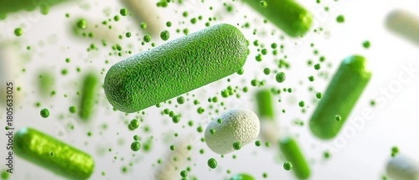 Fototapeta Green rod-shaped objects and spheres are suspended in the air against a white background. AI.